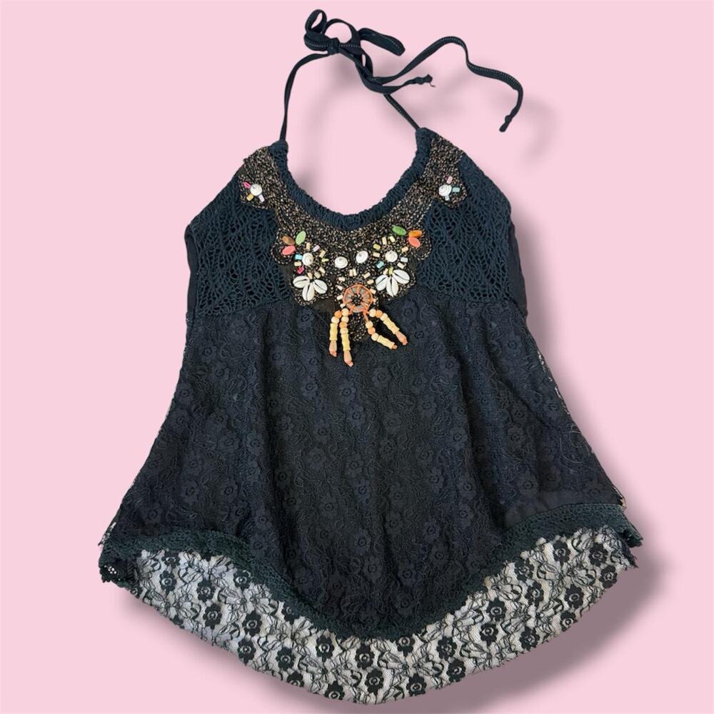 Euro brand Ella black knit and lace halter top with beaded floral embellishments